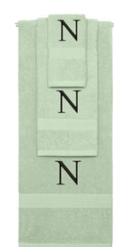Mint Green monogrammed towel set with Black thread, Times New Roman font, initial N - 540 GSM cotton 3-piece