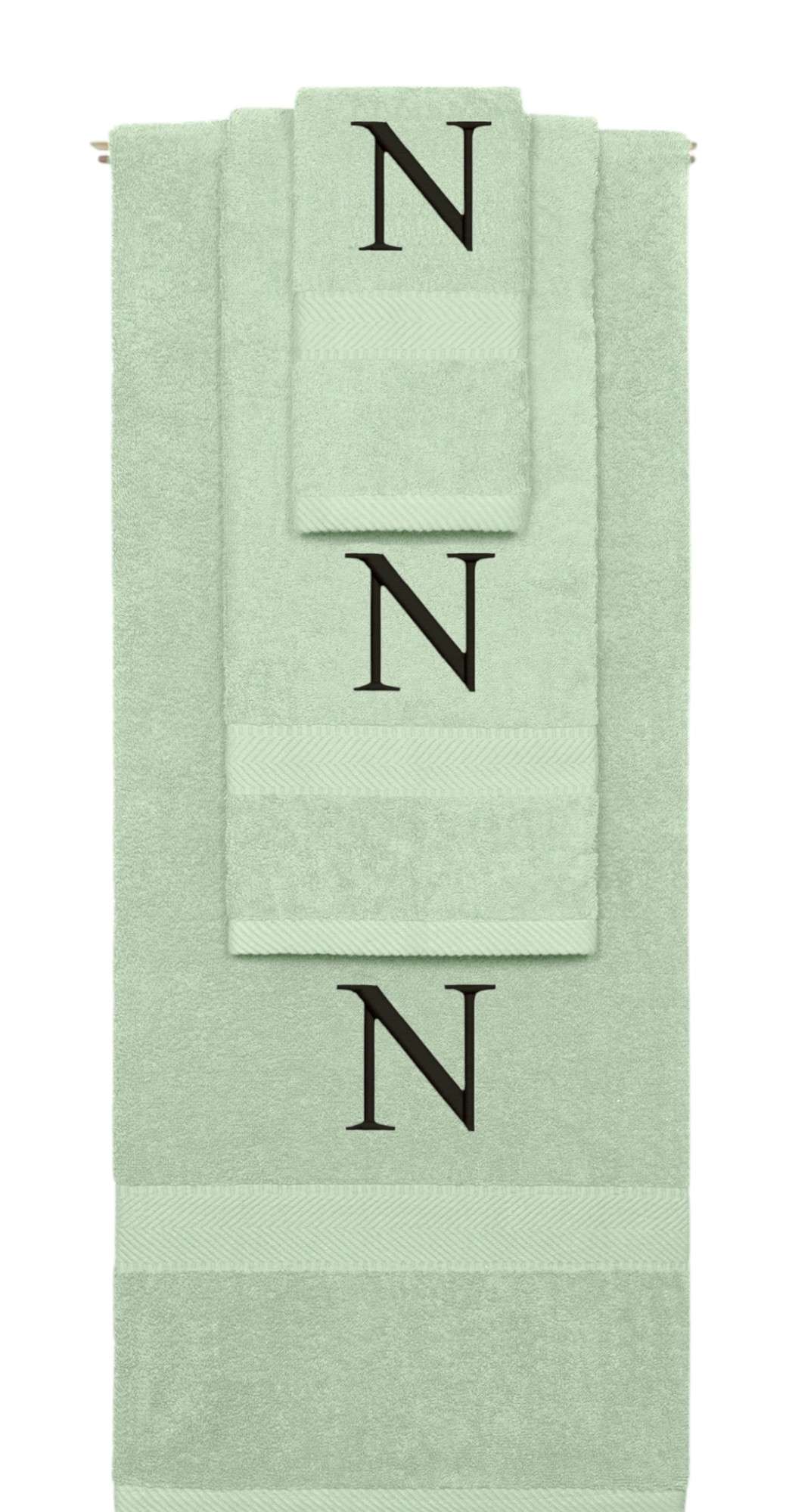 Mint Green monogrammed towel set with Black thread, Times New Roman font, initial N - 540 GSM cotton 3-piece
