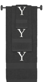 Charcoal monogrammed towel set with White thread, Times New Roman font, initial Y - 540 GSM cotton 3-piece