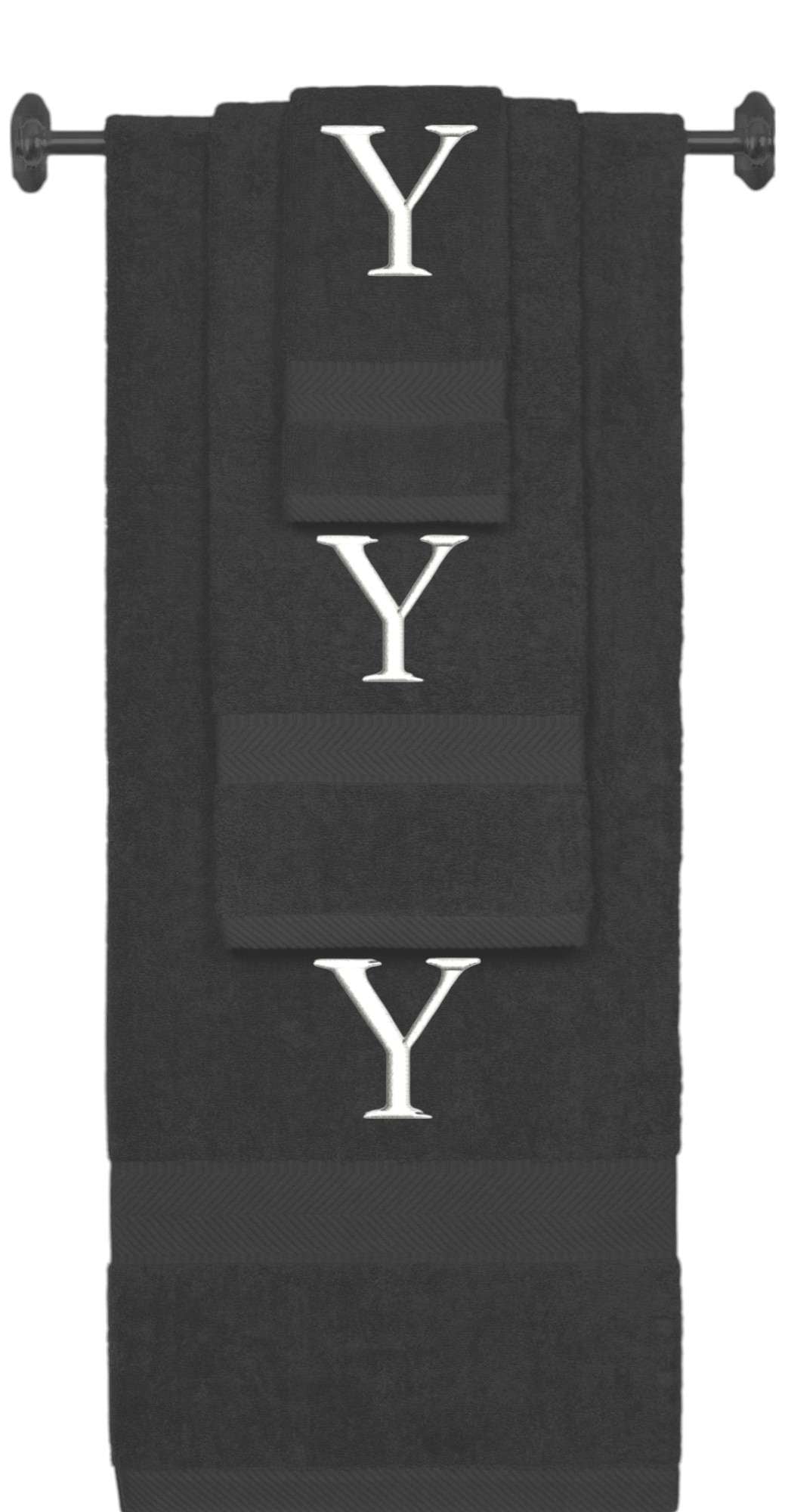 Charcoal monogrammed towel set with White thread, Times New Roman font, initial Y - 540 GSM cotton 3-piece