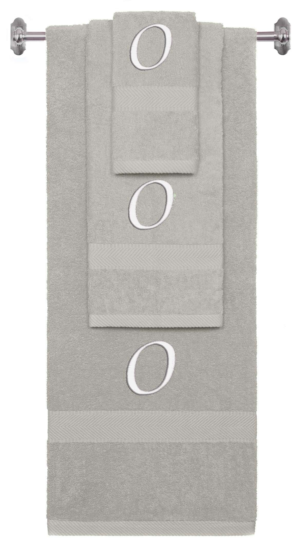 Silver monogrammed towel set with White thread, Chancery font, initial O - 540 GSM cotton 3-piece