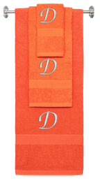 Orange monogrammed towel set with Silver thread, Chancery font, initial D - 540 GSM cotton 3-piece