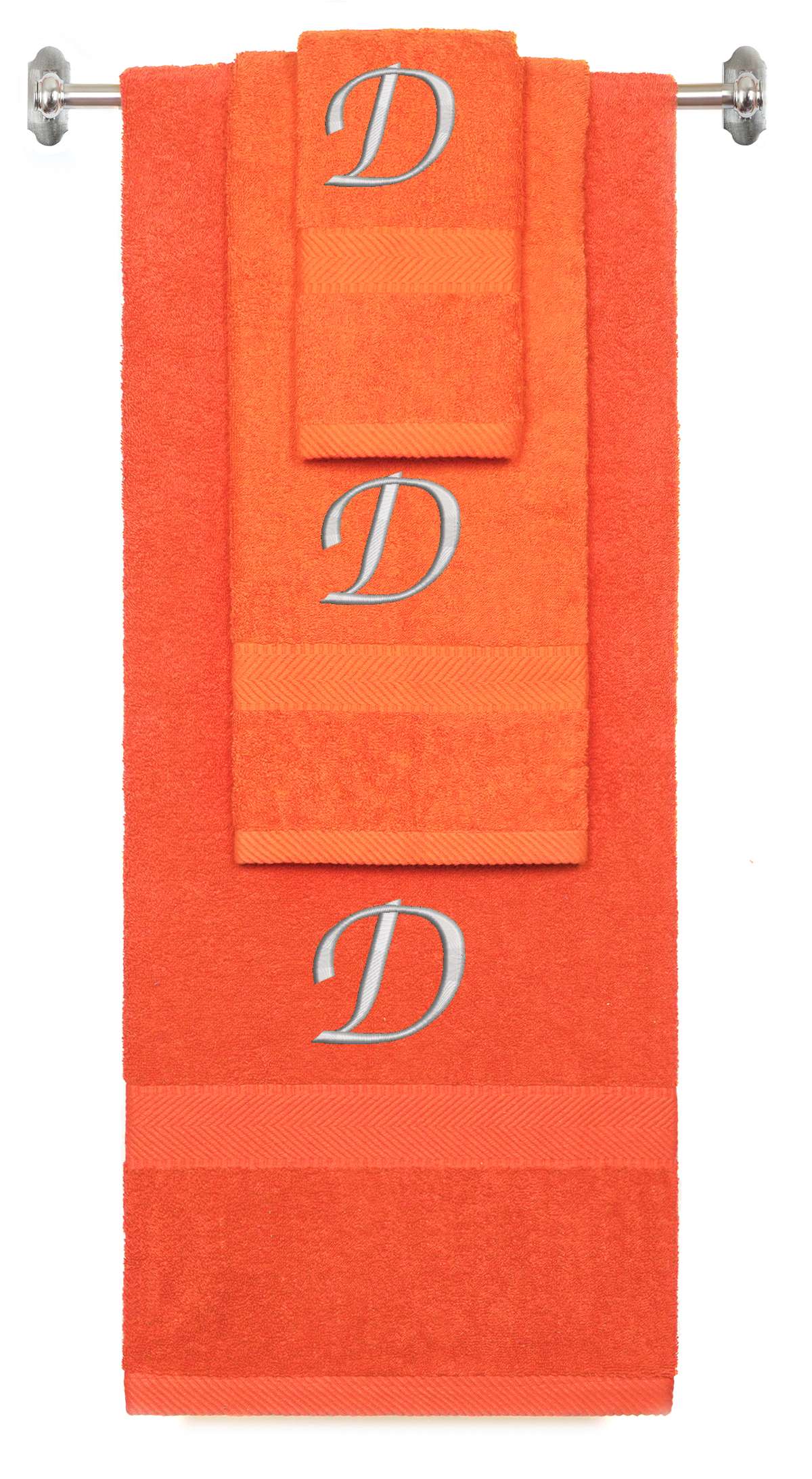 Orange monogrammed towel set with Silver thread, Chancery font, initial D - 540 GSM cotton 3-piece