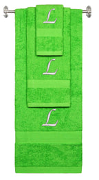 Lime monogrammed towel set with Silver thread, Chancery font, initial L - 540 GSM cotton 3-piece