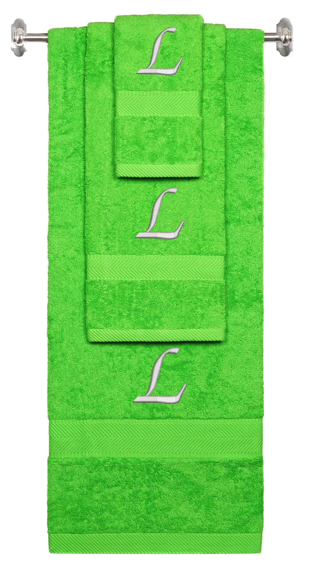 Lime monogrammed towel set with Silver thread, Chancery font, initial L - 540 GSM cotton 3-piece