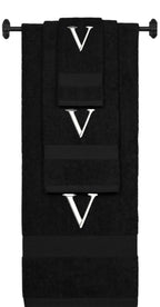 Black monogrammed towel set with White thread, Times New Roman font, initial V - 540 GSM cotton 3-piece