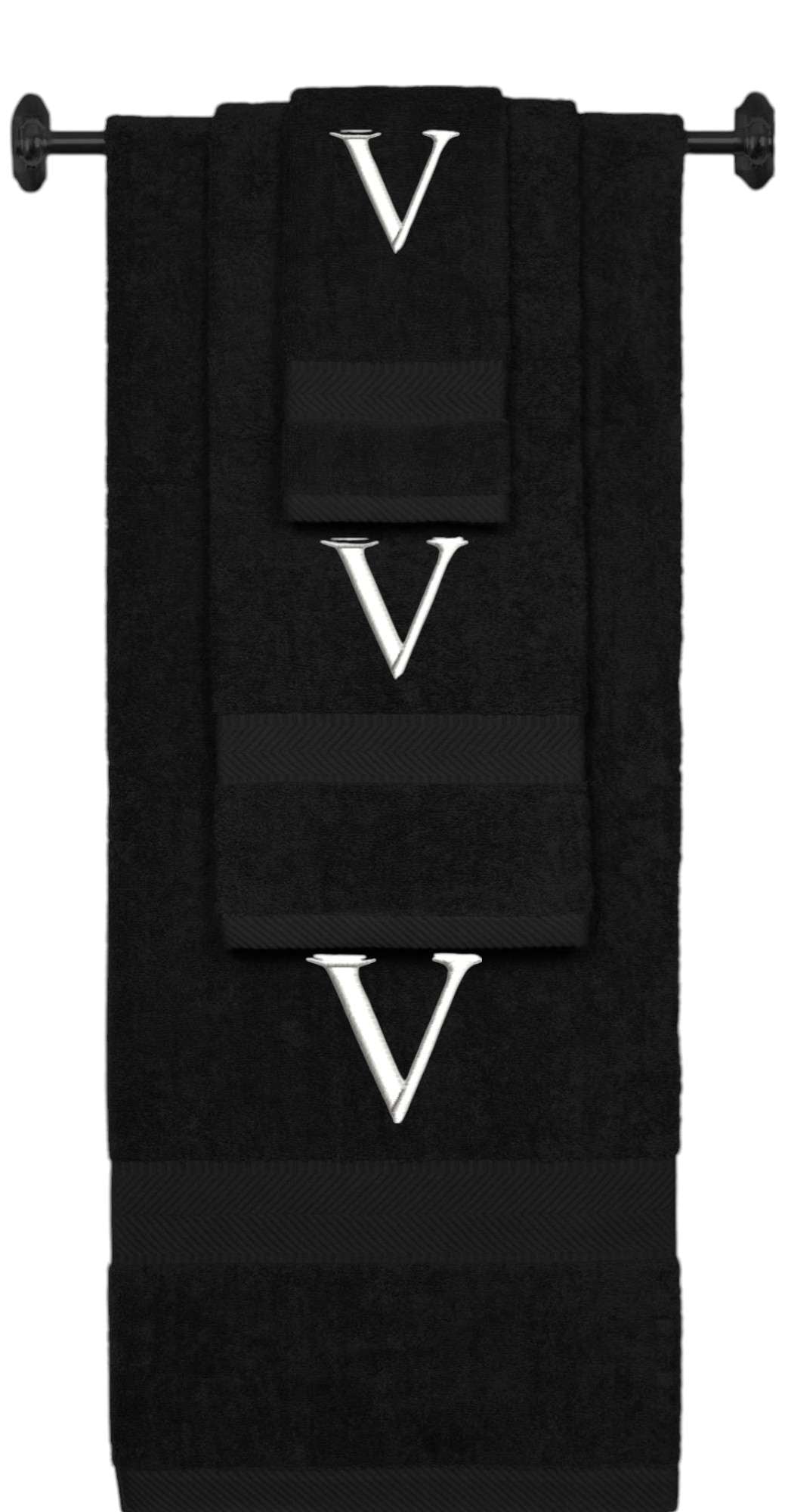 Black monogrammed towel set with White thread, Times New Roman font, initial V - 540 GSM cotton 3-piece
