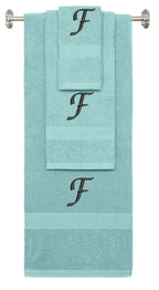 Nautical Teal monogrammed towel set with Black thread, Chancery font, initial F - 540 GSM cotton 3-piece