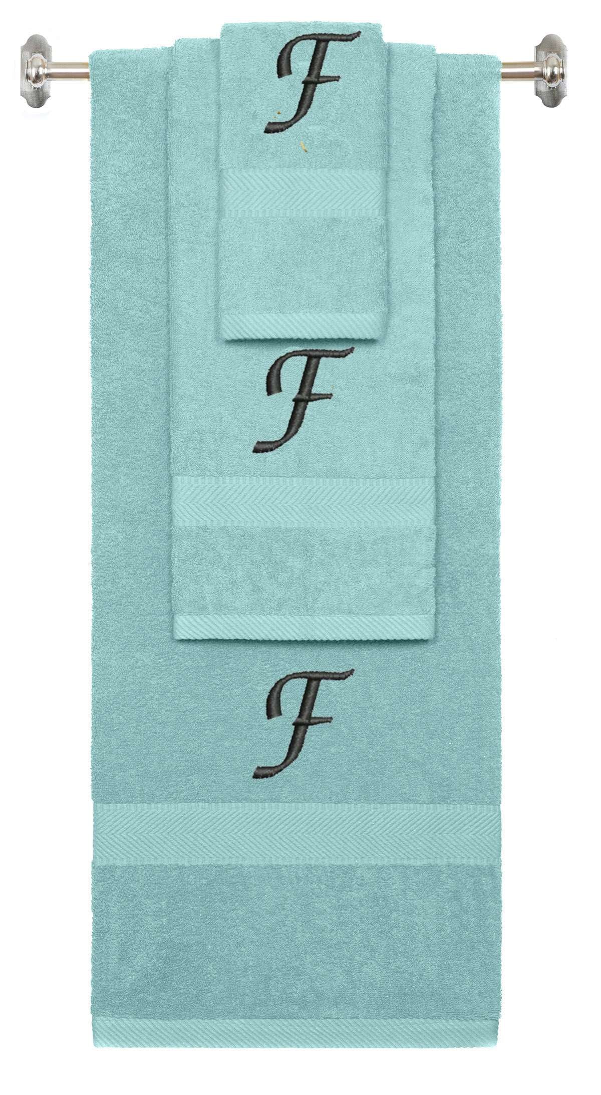 Nautical Teal monogrammed towel set with Black thread, Chancery font, initial F - 540 GSM cotton 3-piece
