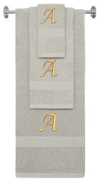 Silver monogrammed towel set with Gold thread, Chancery font, initial A - 540 GSM cotton 3-piece