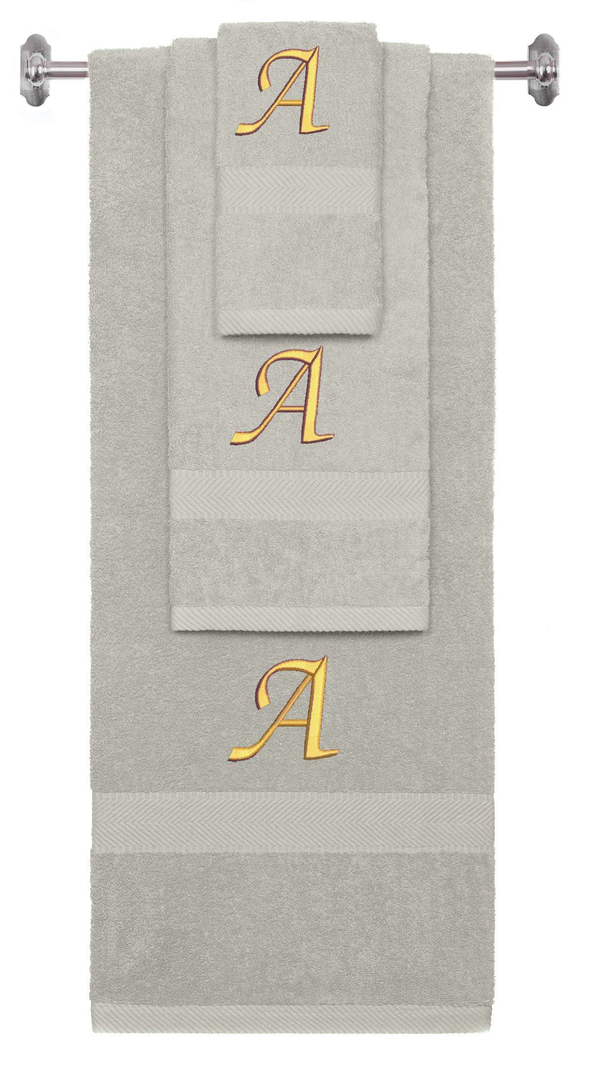 Silver monogrammed towel set with Gold thread, Chancery font, initial A - 540 GSM cotton 3-piece