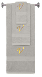 Silver monogrammed towel set with Gold thread, Chancery font, initial V - 540 GSM cotton 3-piece