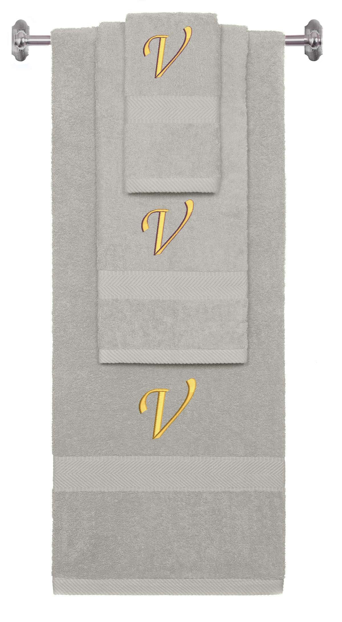 Silver monogrammed towel set with Gold thread, Chancery font, initial V - 540 GSM cotton 3-piece