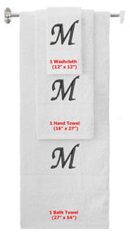 White monogrammed towel set with Black thread, Chancery font, initial M - 540 GSM cotton 3-piece