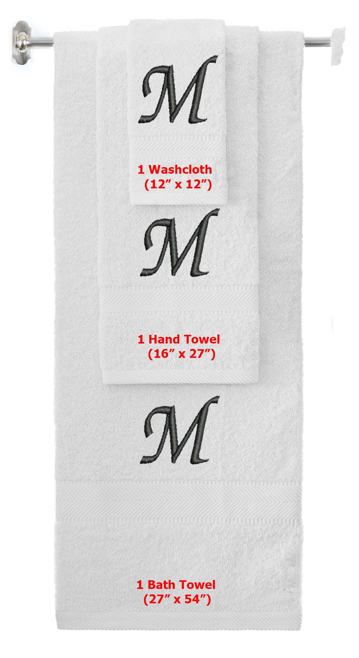 White monogrammed towel set with Black thread, Chancery font, initial M - 540 GSM cotton 3-piece