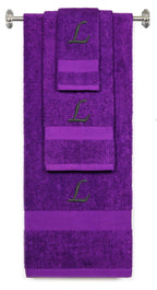 Purple monogrammed towel set with Black thread, Chancery font, initial L - 540 GSM cotton 3-piece