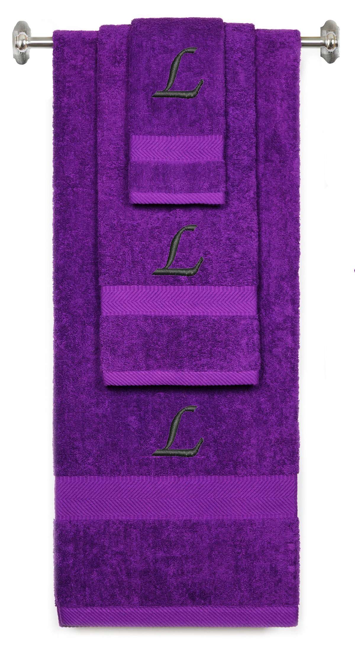 Purple monogrammed towel set with Black thread, Chancery font, initial L - 540 GSM cotton 3-piece