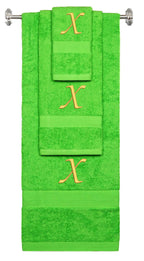 Lime monogrammed towel set with Gold thread, Chancery font, initial X - 540 GSM cotton 3-piece