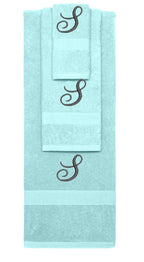 Nautical Teal monogrammed towel set with Black thread, Diana Script font, initial S - 540 GSM cotton 3-piece