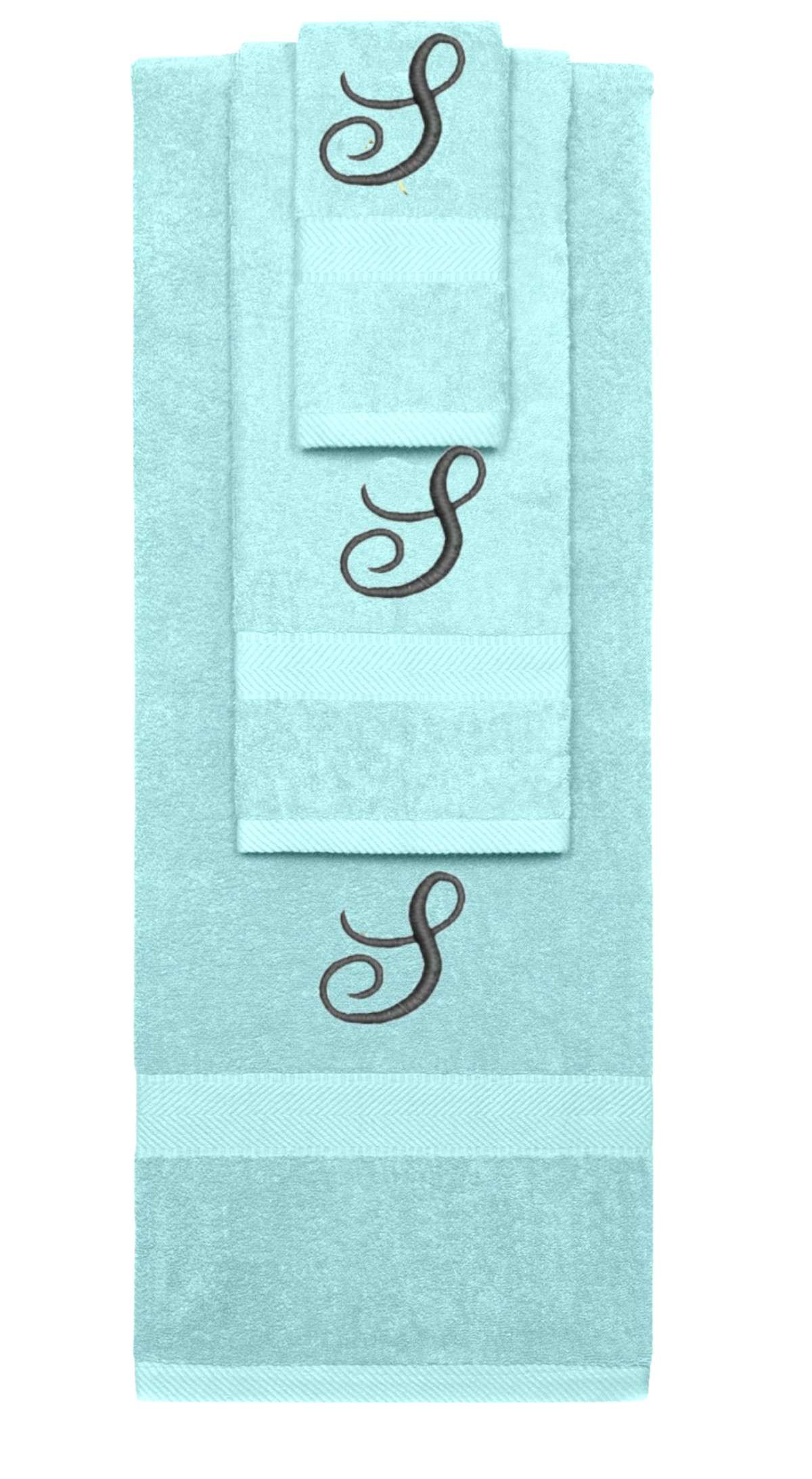 Nautical Teal monogrammed towel set with Black thread, Diana Script font, initial S - 540 GSM cotton 3-piece