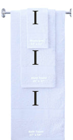 White monogrammed towel set with Black thread, Times New Roman font, initial I - 540 GSM cotton 3-piece