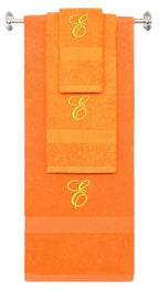 Orange monogrammed towel set with Gold thread, Diana Script font, initial E - 540 GSM cotton 3-piece