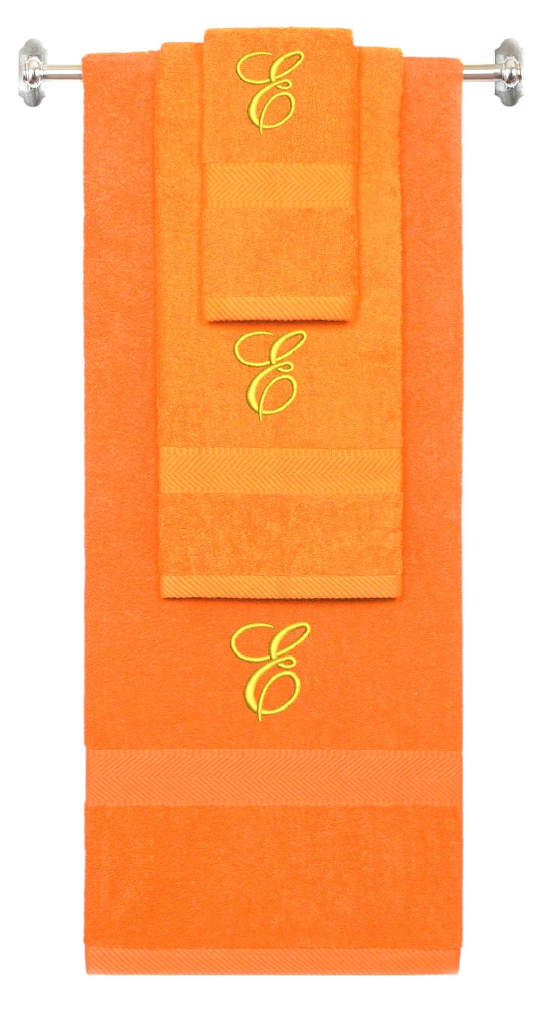 Orange monogrammed towel set with Gold thread, Diana Script font, initial E - 540 GSM cotton 3-piece