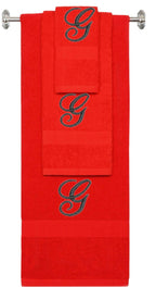 Red monogrammed towel set with Black thread, Diana Script font, initial G - 540 GSM cotton 3-piece