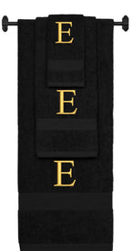 Black monogrammed towel set with Gold thread, Times New Roman font, initial E - 540 GSM cotton 3-piece