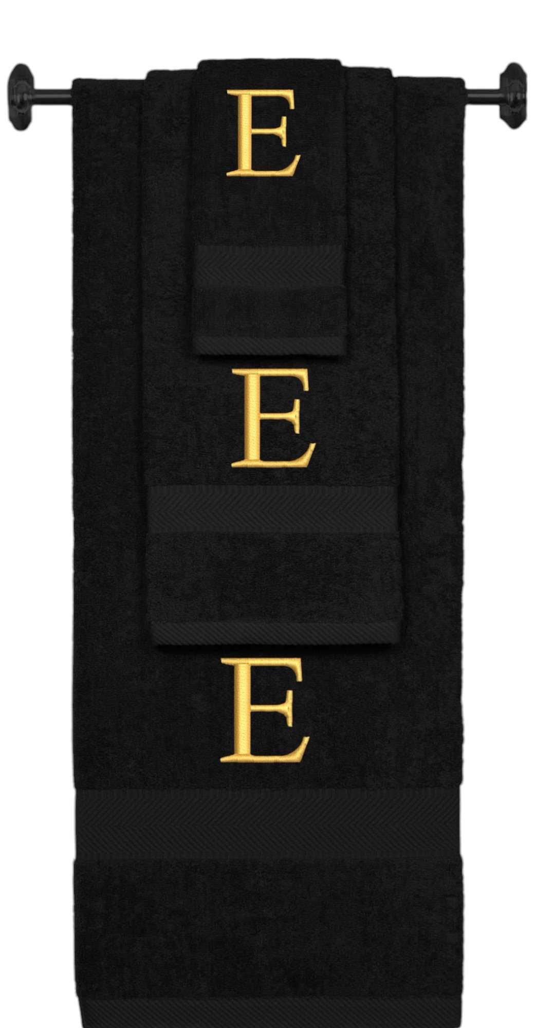Black monogrammed towel set with Gold thread, Times New Roman font, initial E - 540 GSM cotton 3-piece
