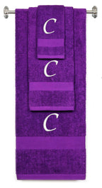 Purple monogrammed towel set with White thread, Chancery font, initial C - 540 GSM cotton 3-piece