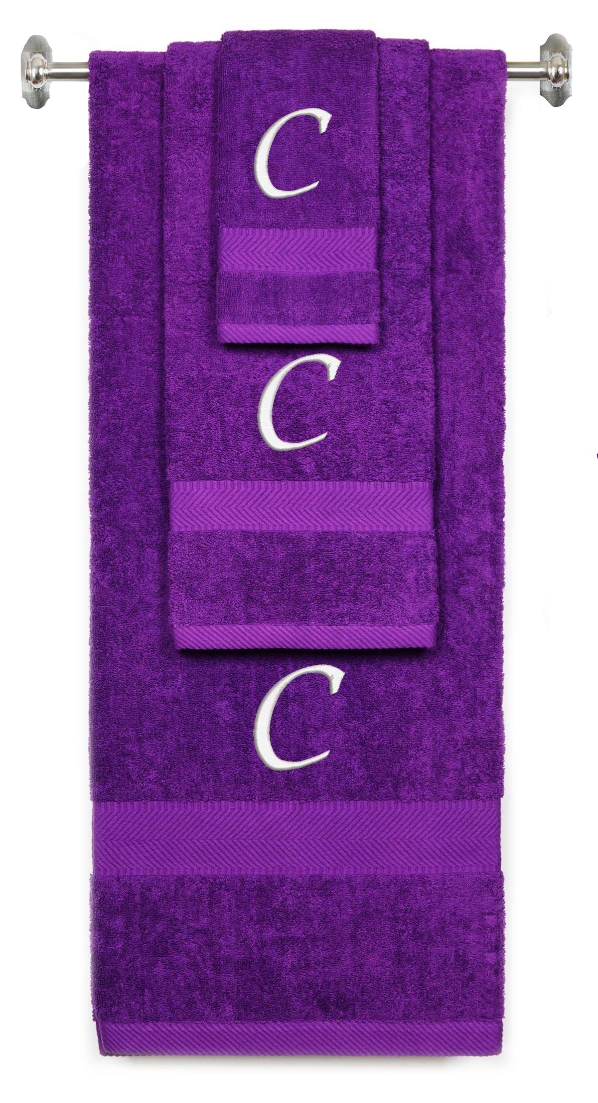 Purple monogrammed towel set with White thread, Chancery font, initial C - 540 GSM cotton 3-piece