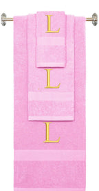Pink monogrammed towel set with Silver thread, Times New Roman font, initial L - 540 GSM cotton 3-piece