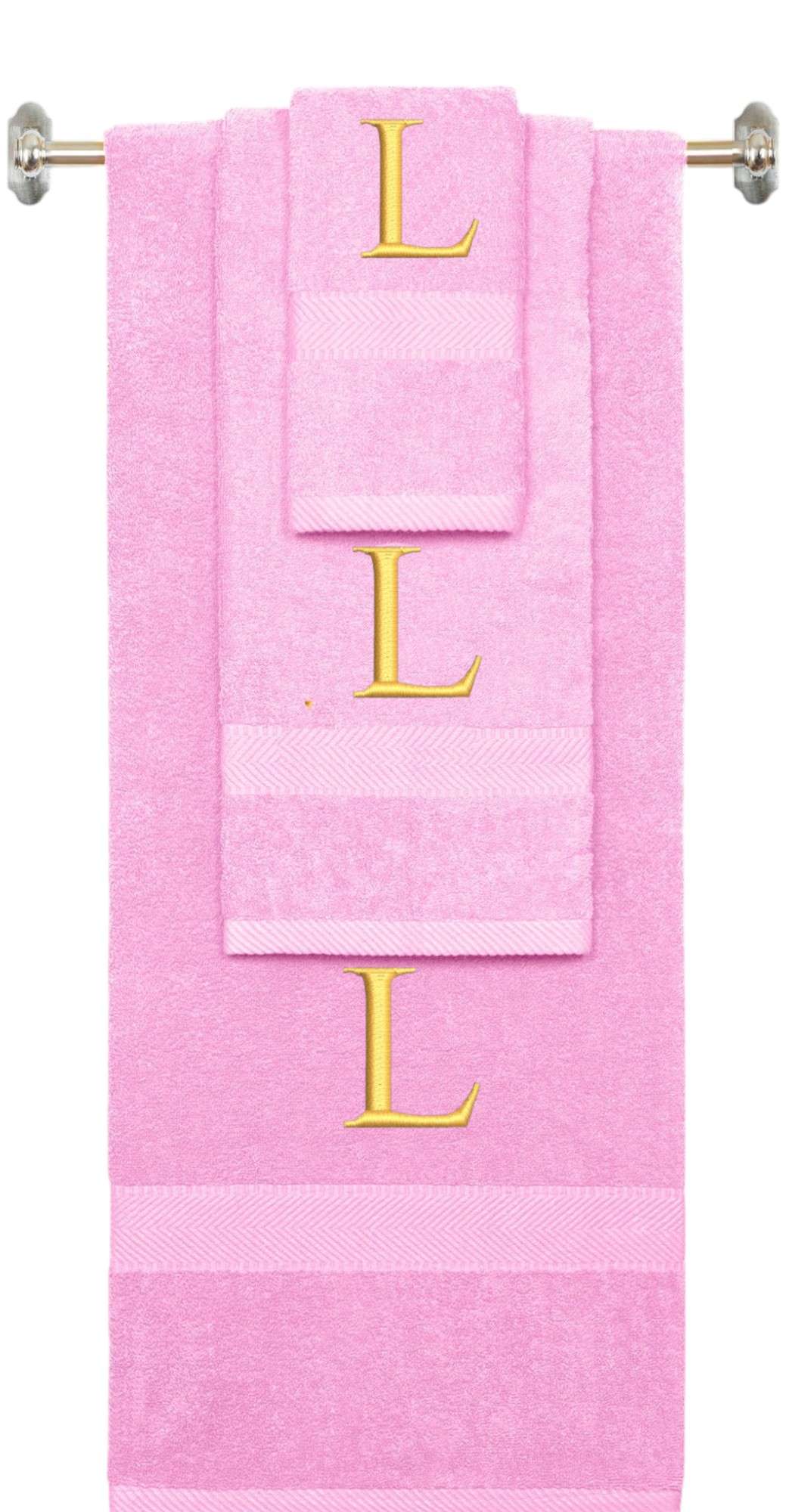 Pink monogrammed towel set with Silver thread, Times New Roman font, initial L - 540 GSM cotton 3-piece