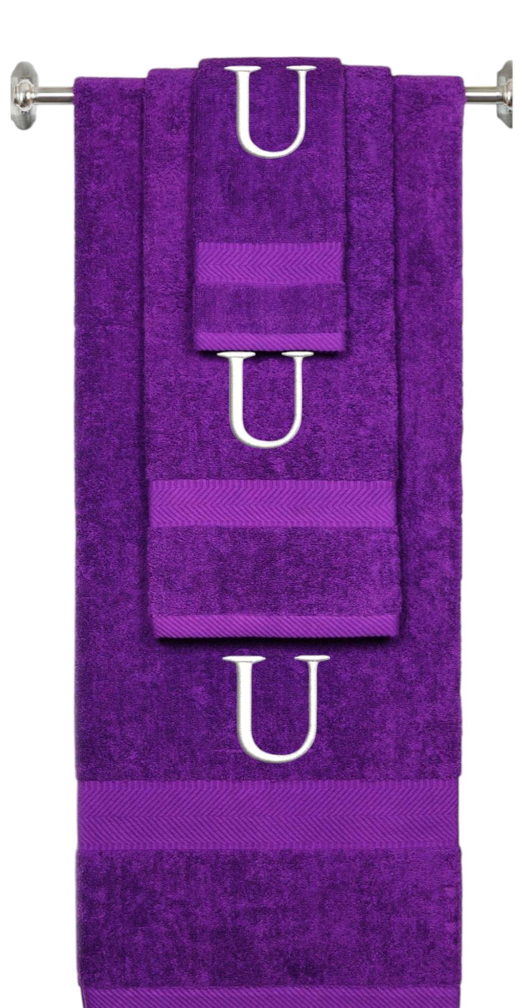 Purple monogrammed towel set with White thread, Times New Roman font, initial U - 540 GSM cotton 3-piece