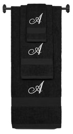 Black monogrammed towel set with Silver thread, Diana Script font, initial A - 540 GSM cotton 3-piece
