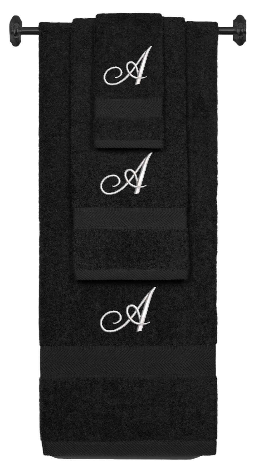 Black monogrammed towel set with Silver thread, Diana Script font, initial A - 540 GSM cotton 3-piece