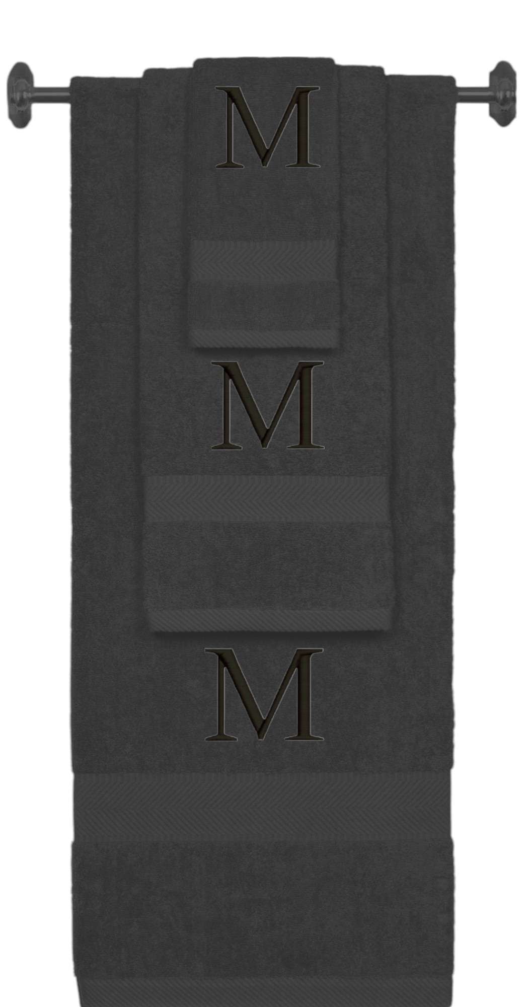 Charcoal monogrammed towel set with Black thread, Times New Roman font, initial M - 540 GSM cotton 3-piece