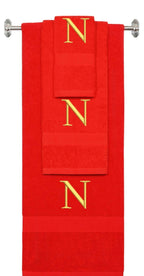 Red monogrammed towel set with Gold thread, Times New Roman font, initial N - 540 GSM cotton 3-piece