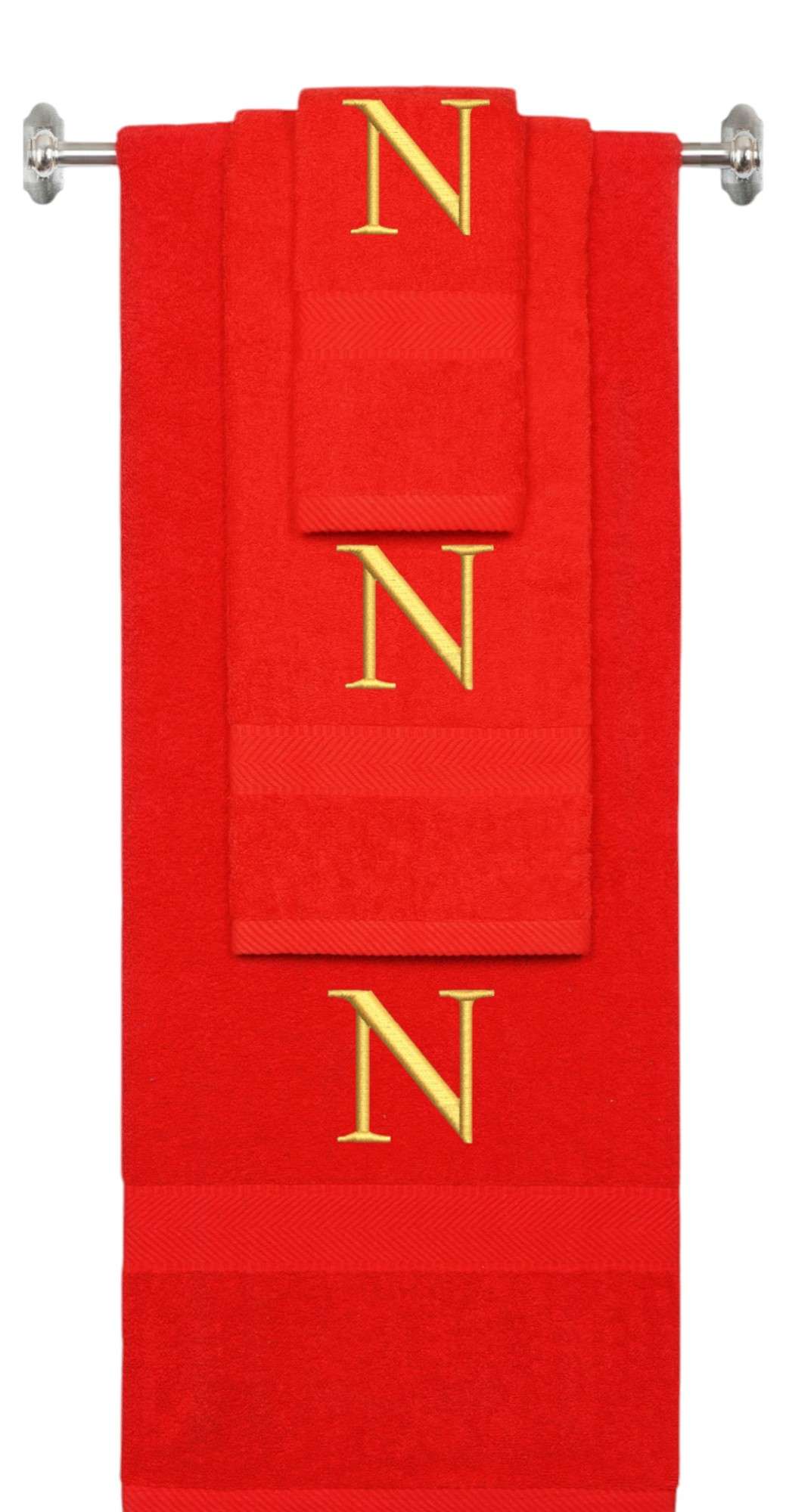 Red monogrammed towel set with Gold thread, Times New Roman font, initial N - 540 GSM cotton 3-piece
