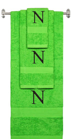 Lime monogrammed towel set with Black thread, Times New Roman font, initial N - 540 GSM cotton 3-piece