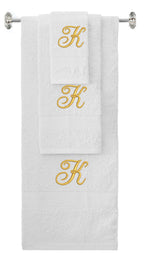 White monogrammed towel set with Gold thread, Diana Script font, initial K - 540 GSM cotton 3-piece