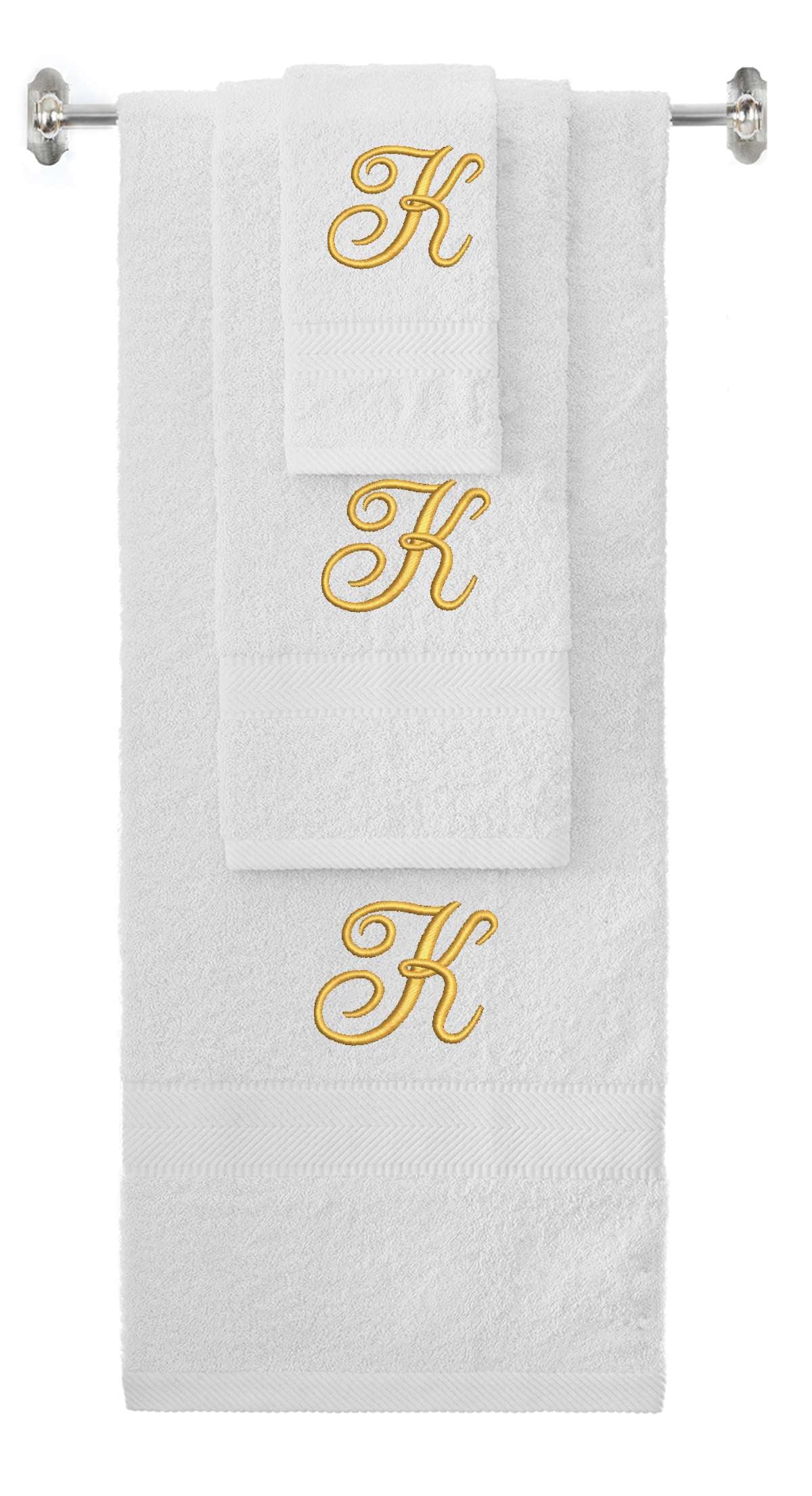White monogrammed towel set with Gold thread, Diana Script font, initial K - 540 GSM cotton 3-piece