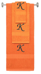 Orange monogrammed towel set with Black thread, Chancery font, initial K - 540 GSM cotton 3-piece