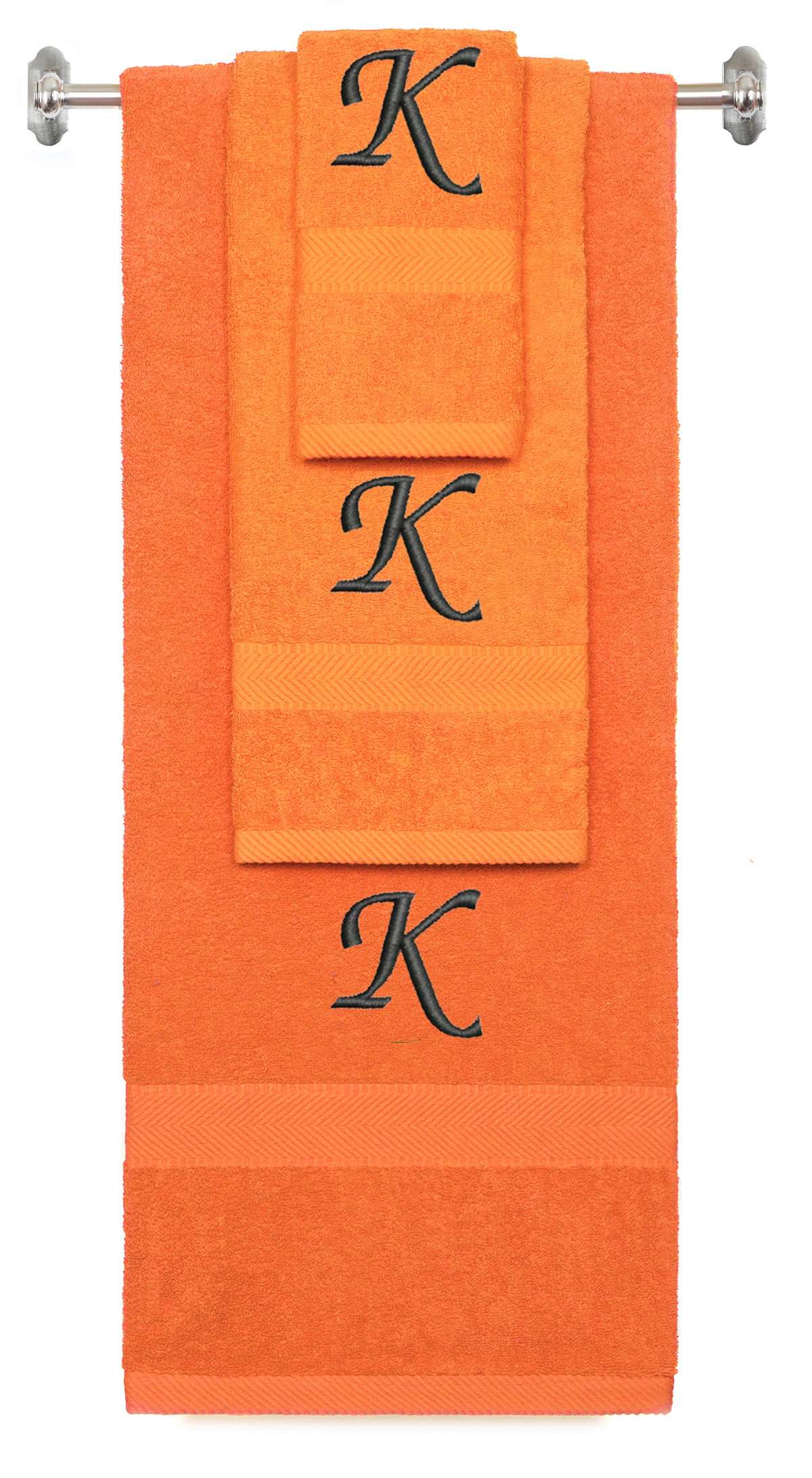 Orange monogrammed towel set with Black thread, Chancery font, initial K - 540 GSM cotton 3-piece