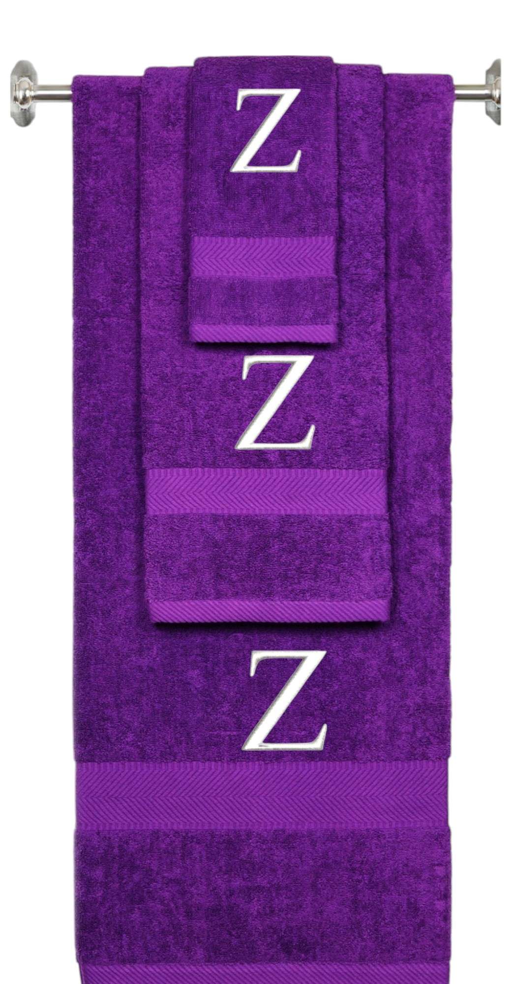 Purple monogrammed towel set with White thread, Times New Roman font, initial Z - 540 GSM cotton 3-piece