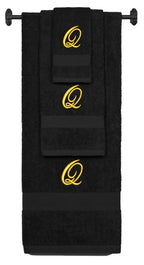 Black monogrammed towel set with Gold thread, Diana Script font, initial Q - 540 GSM cotton 3-piece