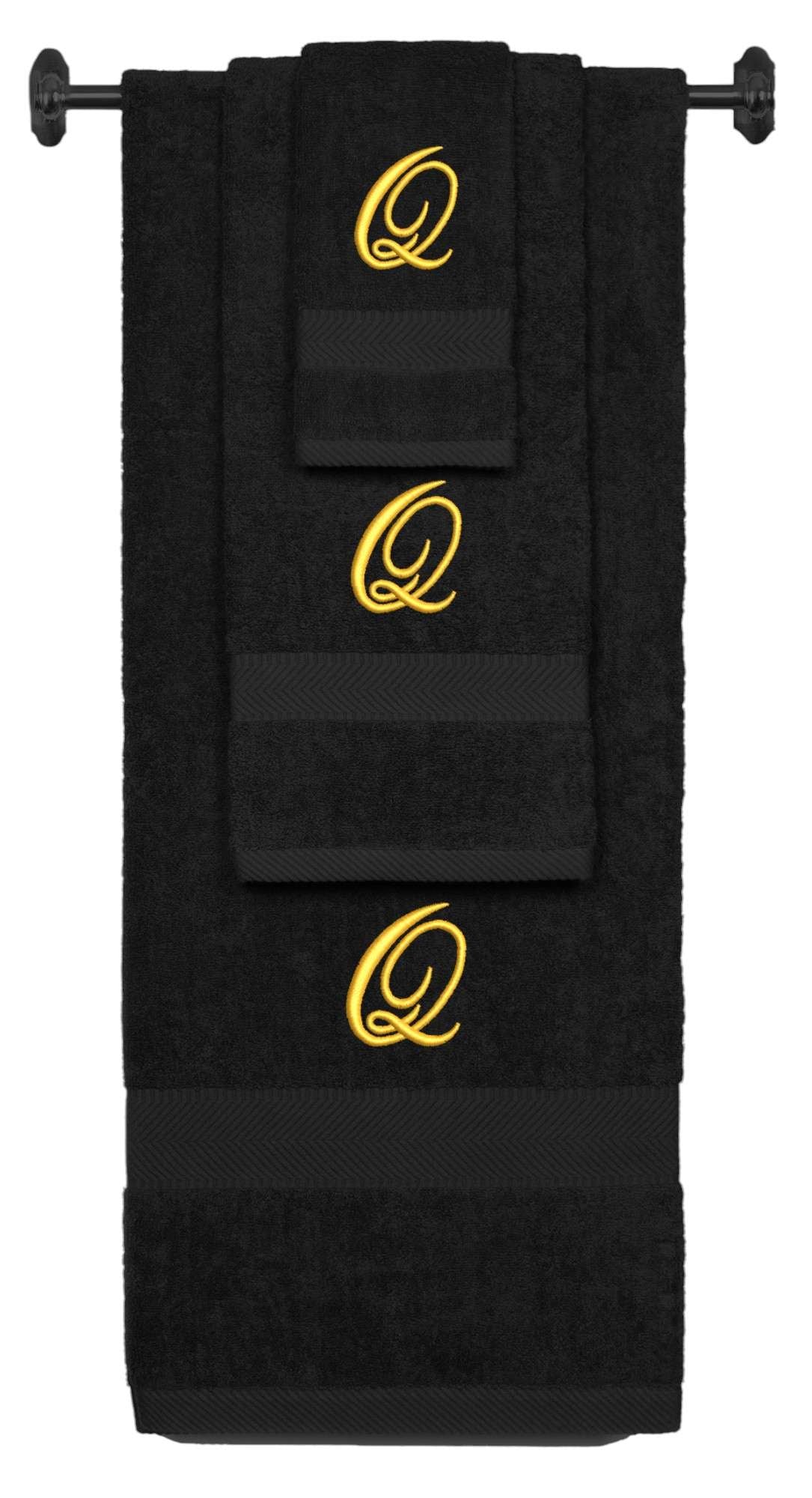 Black monogrammed towel set with Gold thread, Diana Script font, initial Q - 540 GSM cotton 3-piece