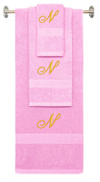 Pink monogrammed towel set with Gold thread, Diana Script font, initial N - 540 GSM cotton 3-piece