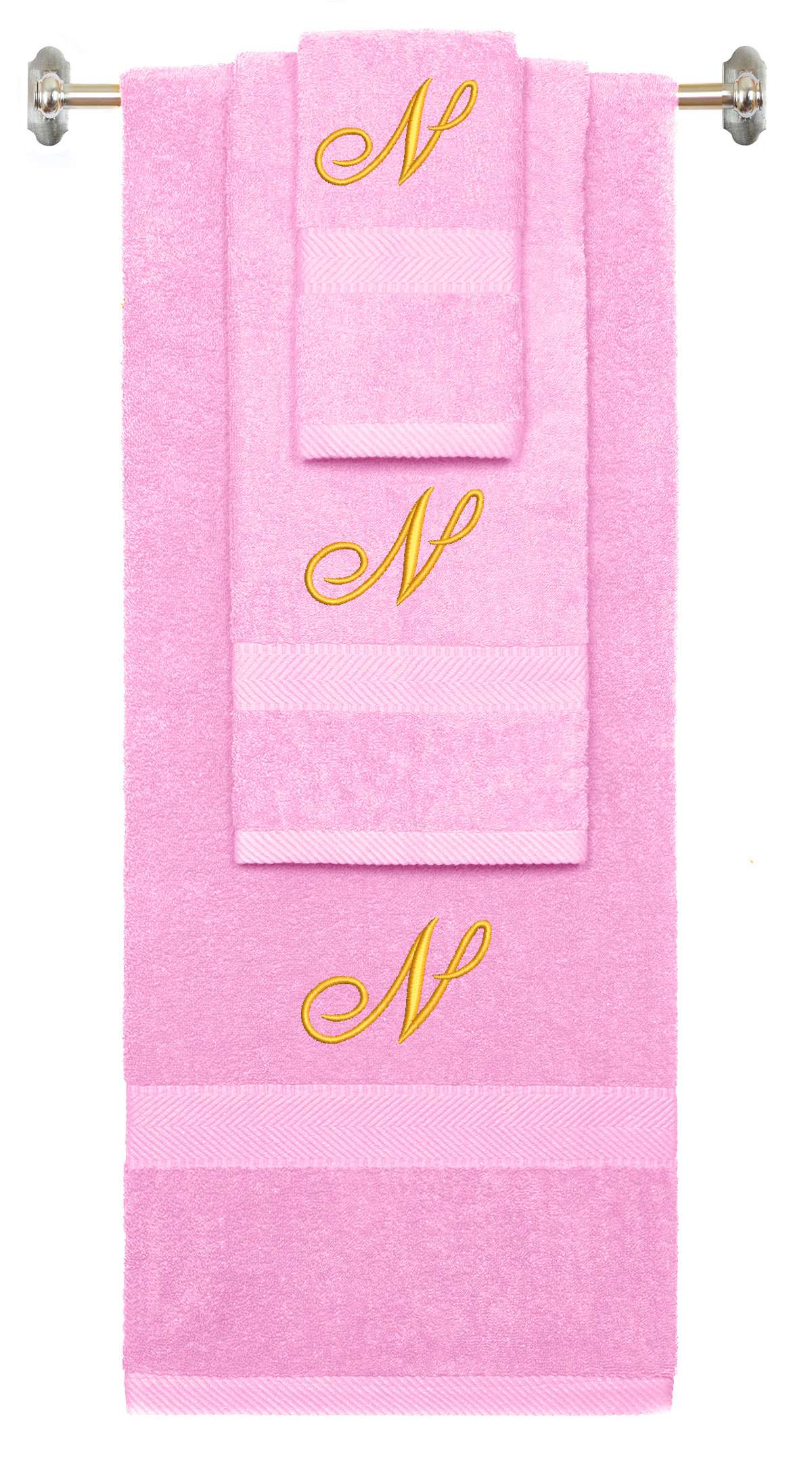 Pink monogrammed towel set with Gold thread, Diana Script font, initial N - 540 GSM cotton 3-piece
